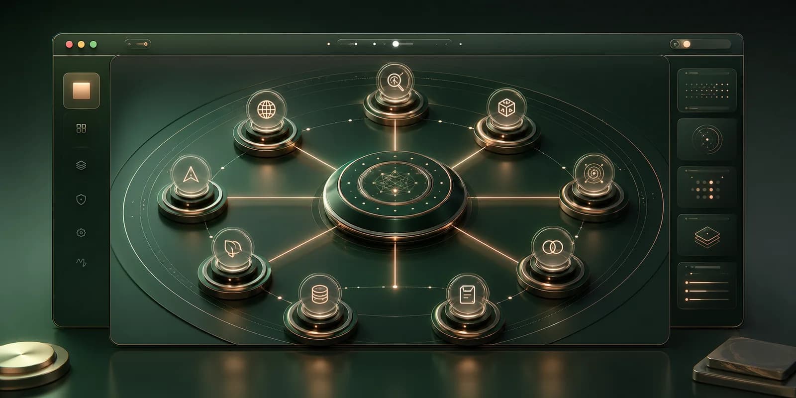 Dark emerald macOS-style interface showing a structured analyst bench with specialist modules