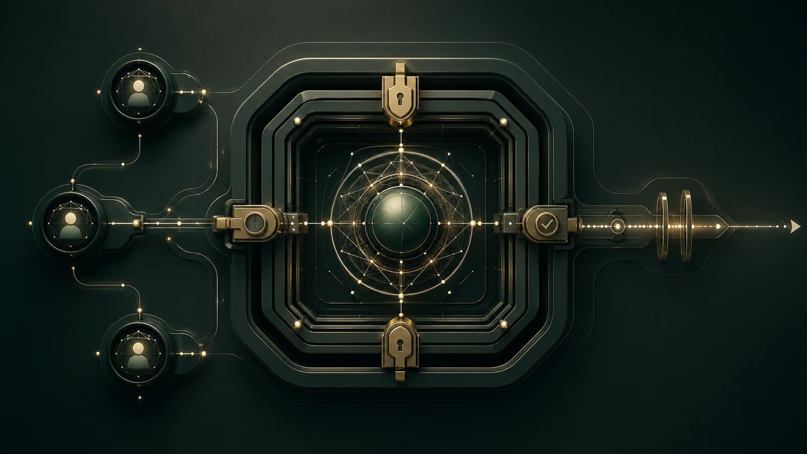 Dark emerald governed harness with analyst nodes, validation gates, approval locks, and one controlled execution path