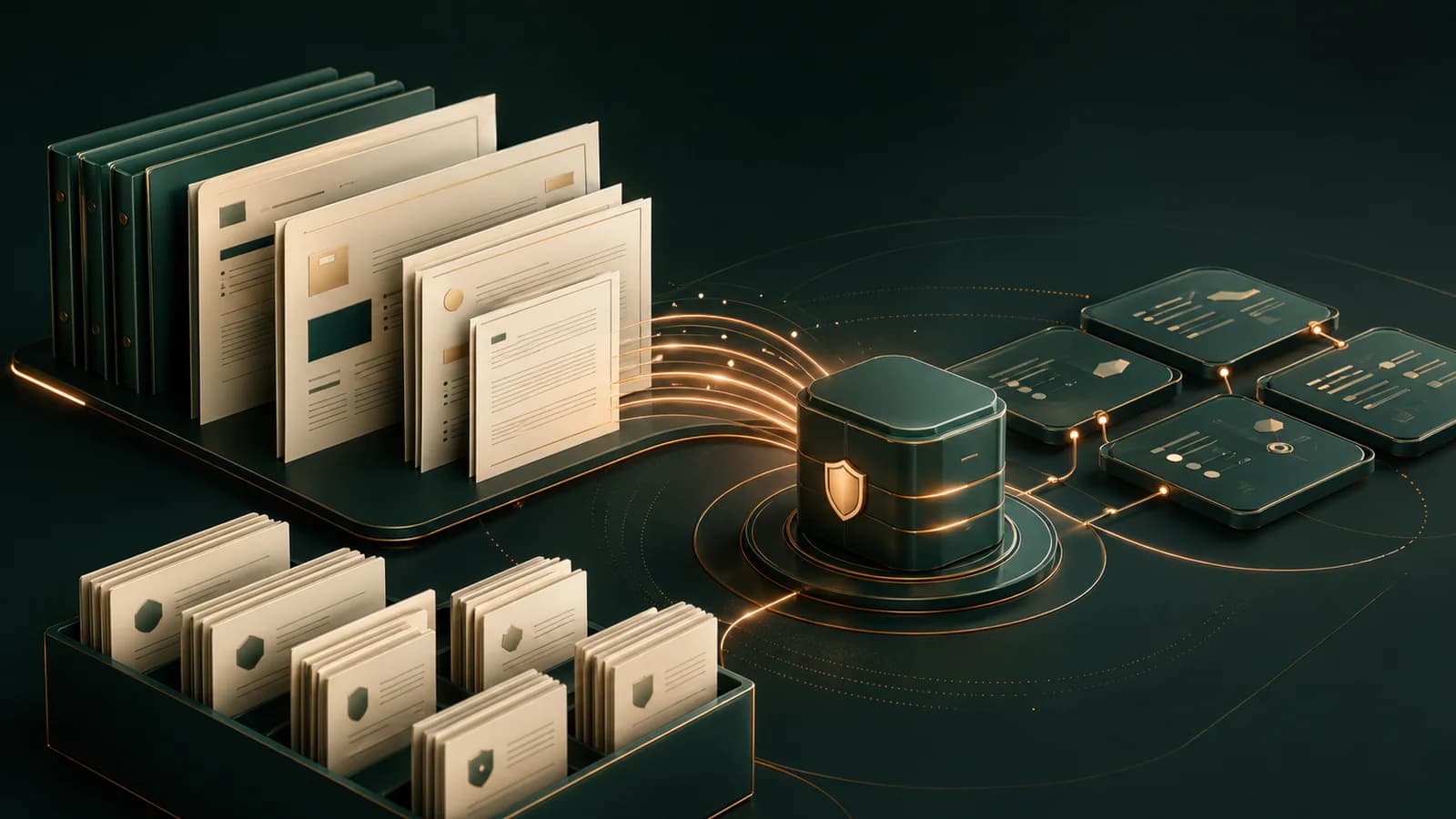 Policy documents and charters flowing into a secure orchestration core